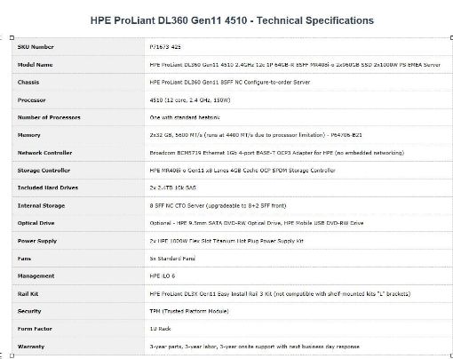 Obrázek HPE PL DL360g11 4510 (2.4G/12C) 2x32G (P64706) 2x2.4TB/10k 2x1000W MR408i-o 8SFF 4x1G Smart Choice