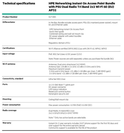Obrázek HPE Networking Instant On Access Point Bundle with PSU Dual Radio Tri Band 2x2 Wi-Fi 6E (EU) AP32 ( S1T28A )