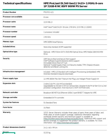 Obrázek HPE PL DL360g11 5415+ (2.9G/8C) 1x32G (P43328) VROC 8SFF 1x800W 2x10Gb-T P51932-421 RENEW