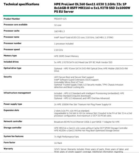 Obrázek HPE PL DL360g11 6530 (2.1G/32C) 128G(8x16) NS204(2x480G) MR216i-o 5x1.92TB SSD (p40504) 2x1000W 8SFF 2p10GT Smart Choice