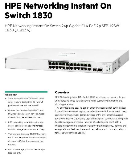 Obrázek HPE Networking Instant On Switch 24p Gigabit CL4 PoE 2p SFP 195W 1830 (JL813A)