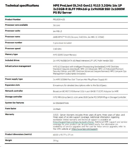 Obrázek HPE PL DL345g11 AMD Epyc 9115 (2.6G/16C) 2x32G (P64985) 2x960G 2x1000W MR416i-p 8LFF 4p1G Arm Smart Choice