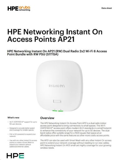 Obrázek HPE Networking Instant On AP21 (RW) Dual Radio 2x2 Wi-Fi 6 Access Point Bundle with RW PSU