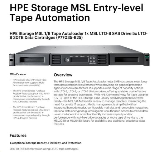 Obrázek HPE Storage MSL 1/8 Tape Autoloader 1xMSL LTO8 SAS Drive 5xLTO8 30TB Data Cartr (R1R75B+AH166A+Q6Q68A+5xQ2078A+Q2015A)