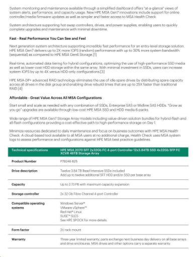 Obrázek HPE MSA 2070 SFF 2x32Gb FC 4-port Controller 12x3.84TB SSD 4x32Gb SFP FC XCVR 46TB Storage Array Smart Choice