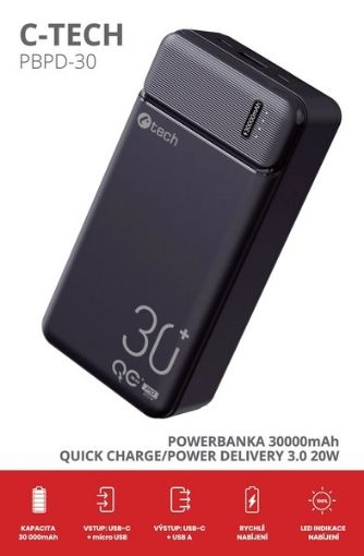 Obrázek C-TECH Powerbanka 30000mAh, Li-Pol, 20W, USB-C/USB-A/micro USB