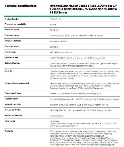 Obrázek HPE PL ML110g11 5416S (2.0G/16C) 2x32G (p43328) 2x960G (p40498) 2x1000W MR408i-o 8SFF 2p10GT Smart Choice