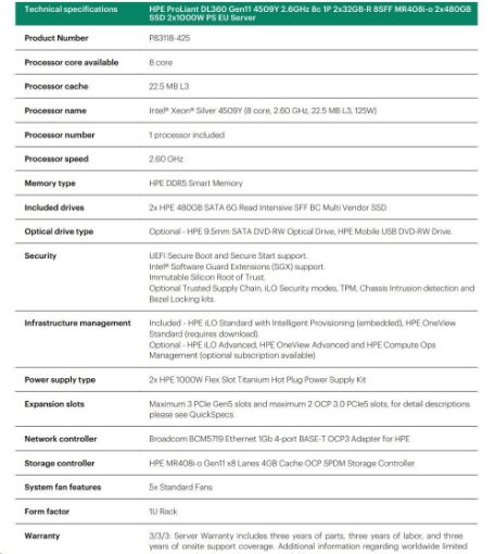 Obrázek HPE PL DL360g11 4509Y (2.6G/8C) 2x32G (p64706) 2x480G 2x1000W MR408i-o 8SFF 4p1G ocp Smart Choice