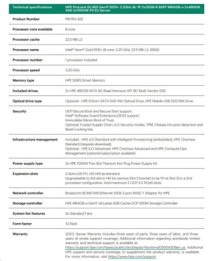 Obrázek HPE PL DL360g11 5515+ (3.2G/8C) 2x32G (P64706) 2x480G 8SFF MR408i-o/4G 2x1000W 2x10G-T