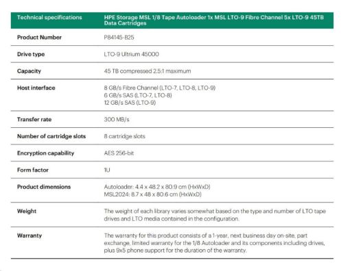 Obrázek HPE Storage MSL 1/8 Tape Autoloader 1x MSL LTO-9 Fibre Channel 5x LTO-9 45TB Data Cartridges