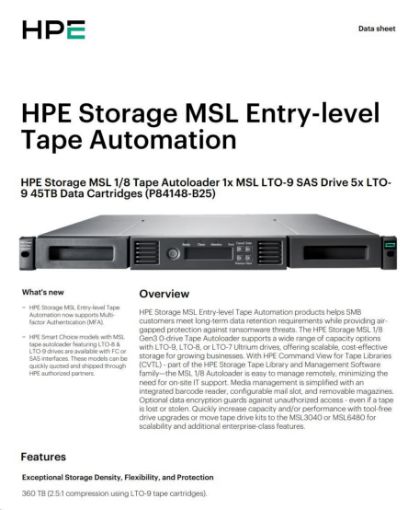Obrázek HPE Storage MSL 1/8 Tape Autoloader 1x MSL LTO-9 SAS Drive 5x LTO-9 45TB Data Cartridges