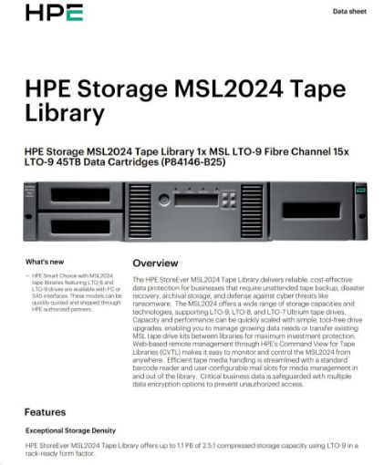 Obrázek HPE Storage MSL2024 Tape Library 1x MSL LTO-9 Fibre Channel 15x LTO-9 45TB Data Cartridges