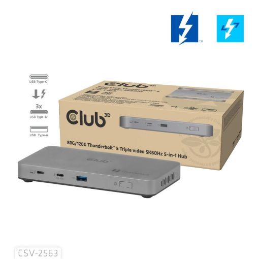 Obrázek Club3D hub Thunderbolt 5 5v1, 3x USB-C TB5, 1x USB-A, 1x8K60Hz, 3x 5K60Hz, certifikace Thunderbolt Share, 180W