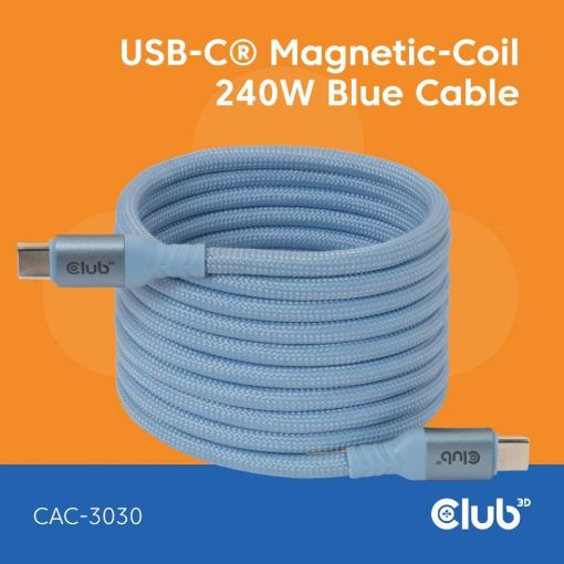 Obrázek Club3D Kabel magnetický USB-C, 240W PD3.1, 480 Mbps, 2m, modrá