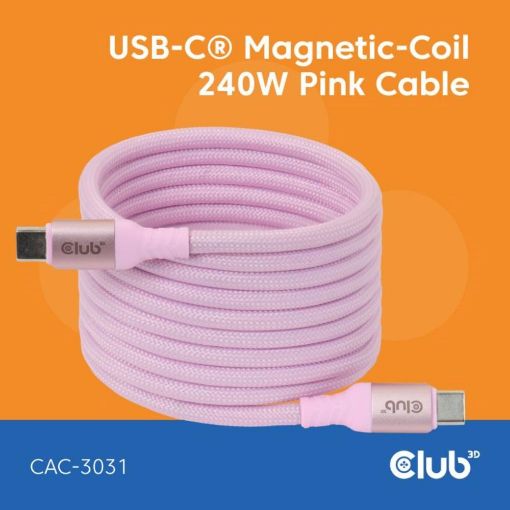 Obrázek Club3D Kabel magnetický USB-C, 240W PD3.1, 480 Mbps, 2m, růžová