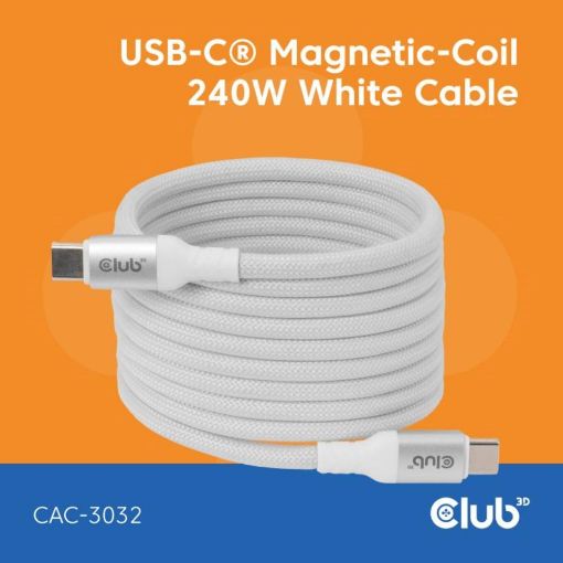 Obrázek Club3D Kabel magnetický USB-C, 240W PD3.1, 480 Mbps, 2m, bílá