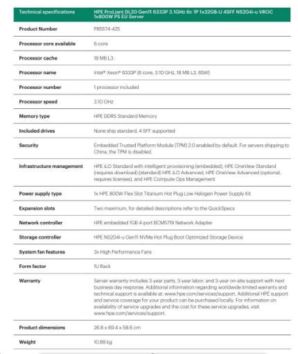 Obrázek HPE PL DL20g11 6333P (3.1G/6C12T) 1x32G (P64339) NS204(2x480G) 4SFF VROC 1x800W 4x1G NBD333 Smart Choice