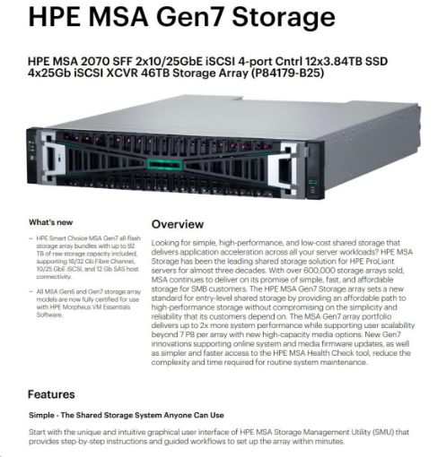 Obrázek HPE MSA 2070 SFF 2x10/25GbE iSCSI 4-port Controller 12x3.84TB SSD 4x25Gb iSCSI XCVR 46TB Storage Array Smart Choice