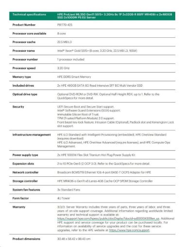 Obrázek HPE PL ML350g11 5515+ (3.2G/8C) 2x32G (P64706)  2x480G SSD MR408i-o/4G 2x1000W 8-24SFF 4p1G Smart Choice
