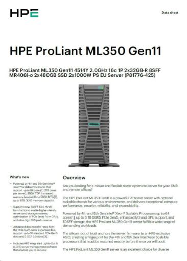 Obrázek HPE PL ML350g11 4514Y (2.0G/16C) 2x32G (P64706) 2x480G SSD 2x1000W MR408i-o/4G 8-24SFF 4x1G Smart Choice