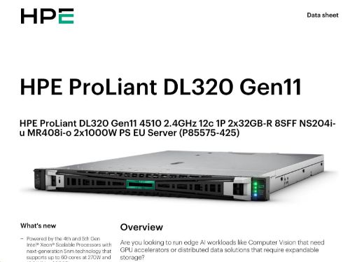Obrázek HPE PL DL320g11 4510 (2.4/12C) 2x32G (p64706) NS204(2x480) MR408i-o 8SFF 2x1000W 2p1G Smart Choice