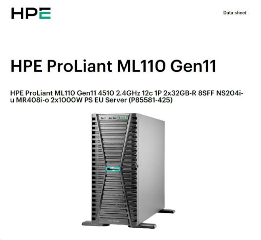 Obrázek HPE PL ML110g11 4510 (2.4G/12C) NS204(2x480) 2x32G (P64706) MR408i-o 2x1000W 8SFF 2x1G NBD333 Smart Choice