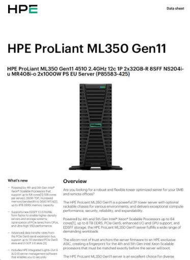 Obrázek HPE PL ML350g11 4510 (2.4G/12C) 2x32G (P64706) NS204(2x480) MR408i-o 2x1000W 8SFF 4p1Gb 8fans Smart Choice