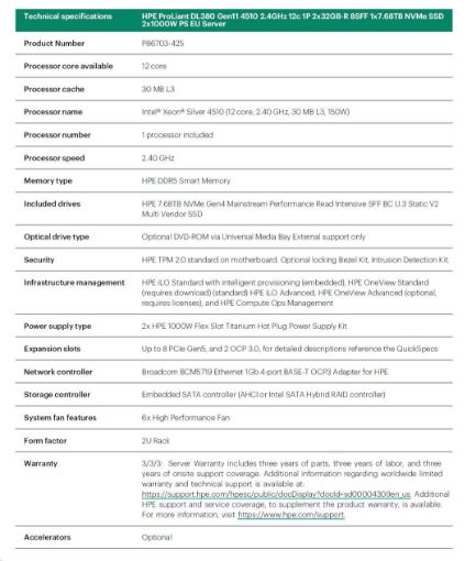 Obrázek HPE PL DL380g11 4510 (2.4G/12C) 2x32G (p64706) 1x7.68TB (P64848) 2x1000W 8SFF VROC 8NVMe(P48825) 4p1G HPF Smart Choice