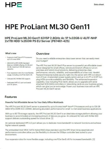 Obrázek HPE PL ML30g11 6315P (2.8-5.2G/4C4T) 1x32G 2x1TB SATA 4LFF-NHP 1x350 VROC 4p1G NBD311 Smart Choice