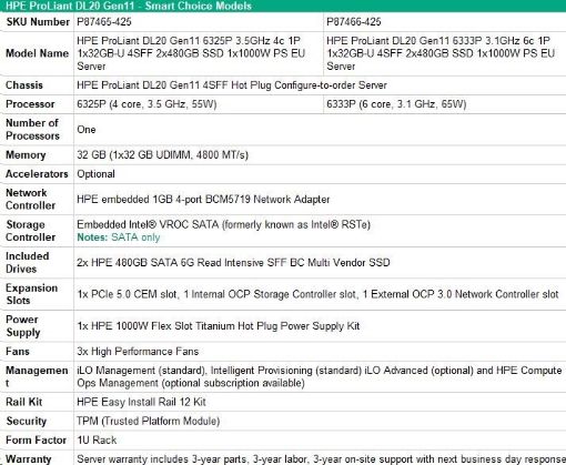 Obrázek HPE PL DL20g11 6325P (3.5G/4C8T) 1x32G 2x480G SSD VROC 4SFF-HP 4p1Gb 1x1000W Smart Choice