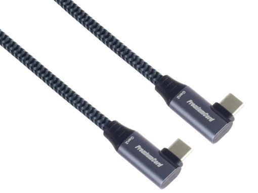 Obrázek PremiumCord USB-C 2x zahnutý kabel ( USB 3.2 GEN 2x2, 5A, 100W, 20Gbit/s ) bavlněný oplet, délka: 1m