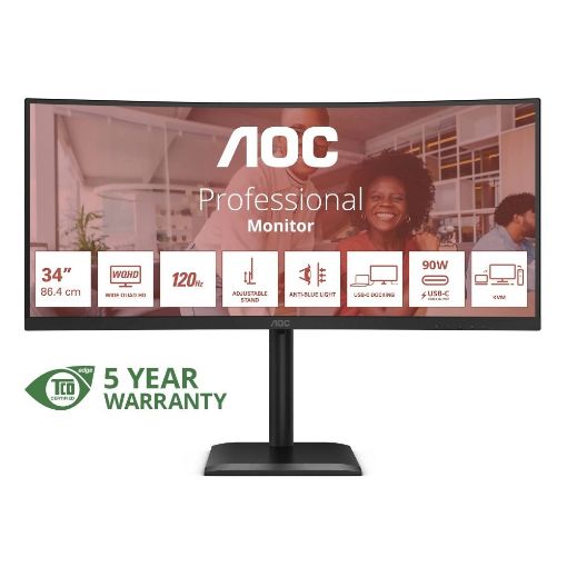 Obrázek AOC MT 34" CU34E4CV - 3440x1440,VA,120Hz,HDR10,2xHDMI,DP,USBhub,USB-C,RJ45,repro,Zakřivený