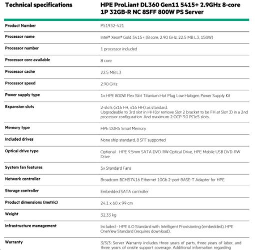 Obrázek HPE PL DL360g11 5415+ (2.9G/8C) 1x32G (P43328) VROC 8SFF 1x800W 2x10Gb-T