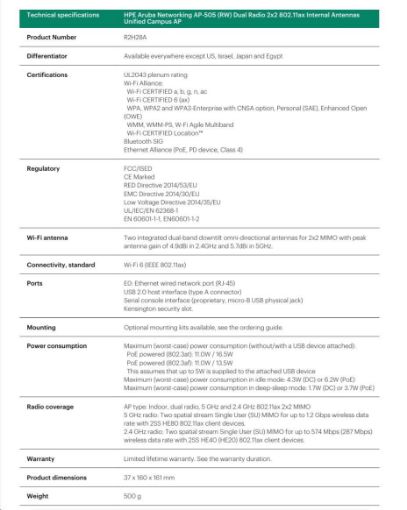 Obrázek 5 x HPE Aruba Networking AP-505 (RW) Dual Radio 2x2 802.11ax Internal Antennas Unified Campus AP ( 5 x R2H28A )