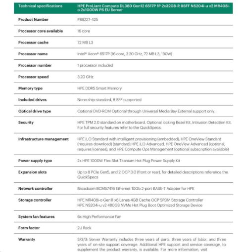 Obrázek HPE PL DL380g12 6517P (3.2-4.2G/16C) 2x32G (P69727) NS204(2x480) MR408i-o 8SFF 2x1000W 2p10G-T NBD333 Smart Choice