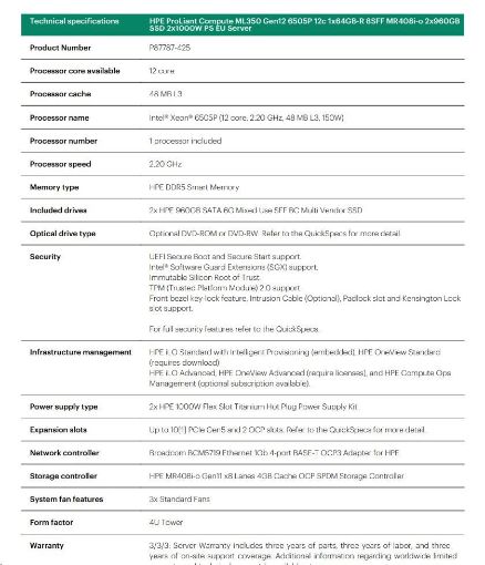 Obrázek HPE PL ML350g12 6505P (2.2/12C) 1x32G (P69727) 2x4TB 4LFF MR408i-o2x1000W 1GbE NBD333 Smart Choice