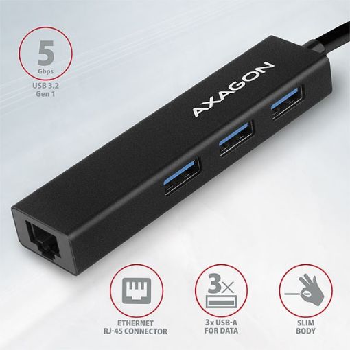 Obrázek AXAGON HMA-GL3A, USB 3.2 Gen 1 hub, porty 3x USB-A + Gigabit Ethernet, kovový, kabel USB-A 20cm