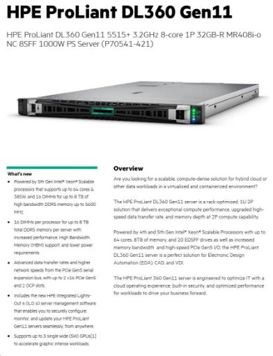 Obrázek HPE PL DL360g11 5515+ (3.2/8C) 1x32G (p64706) MR408i-o/4G 8SFF 1x1000W 2p10T 1U P70541-421 RENEW