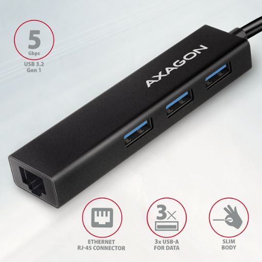 Obrázek AXAGON HMC-GL3A, USB 3.2 Gen 1 hub, porty 3x USB-A + Gigabit Ethernet, kovový, kabel USB-C 20cm